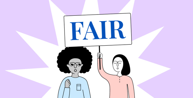 Illustration of two people holding billboard FAIR