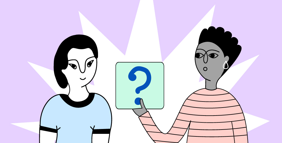 White question mark speech bubbles on light blue background